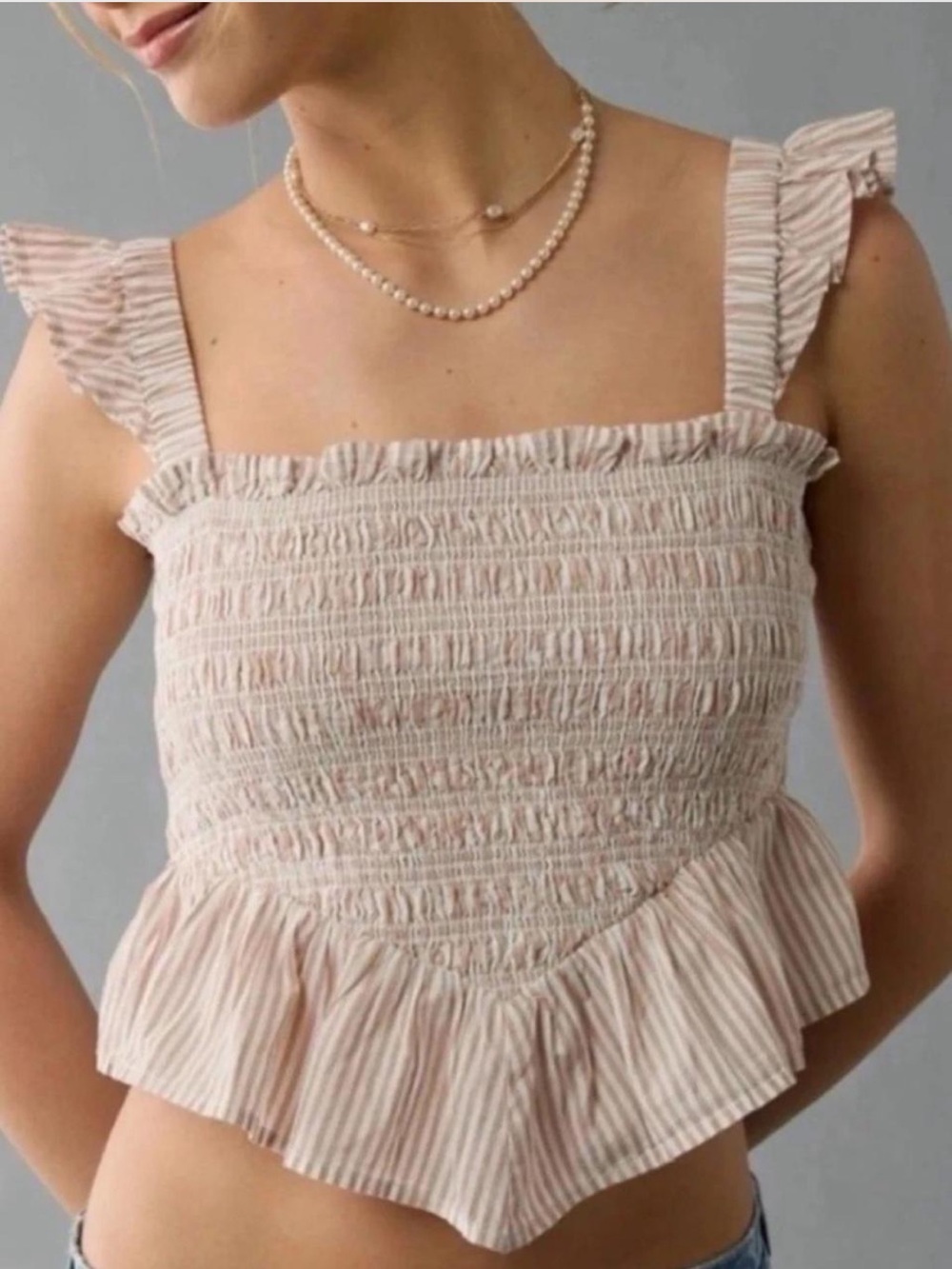 American Eagle Bella White & Tan Striped Smocked Ruffle Crop Cami Top Small